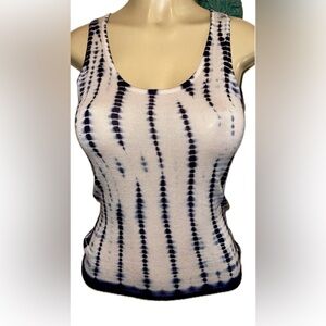 Oscar de la Renta Cashmere Silk Ribbed Tie-Dye Tank Top Small Blue Ivory Italy